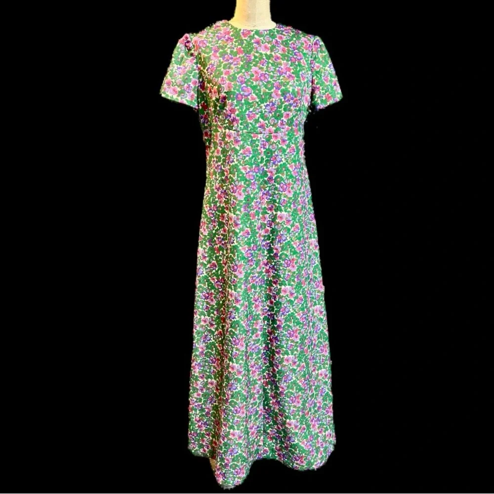 VINTAGE Flower Power‎ bold psychedelic floral long maxi dress gown polyester 60s